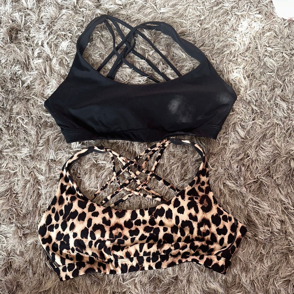Victoria's Secret Medium Black & Leopard Sport Bralette Criss Cross Back Bundle